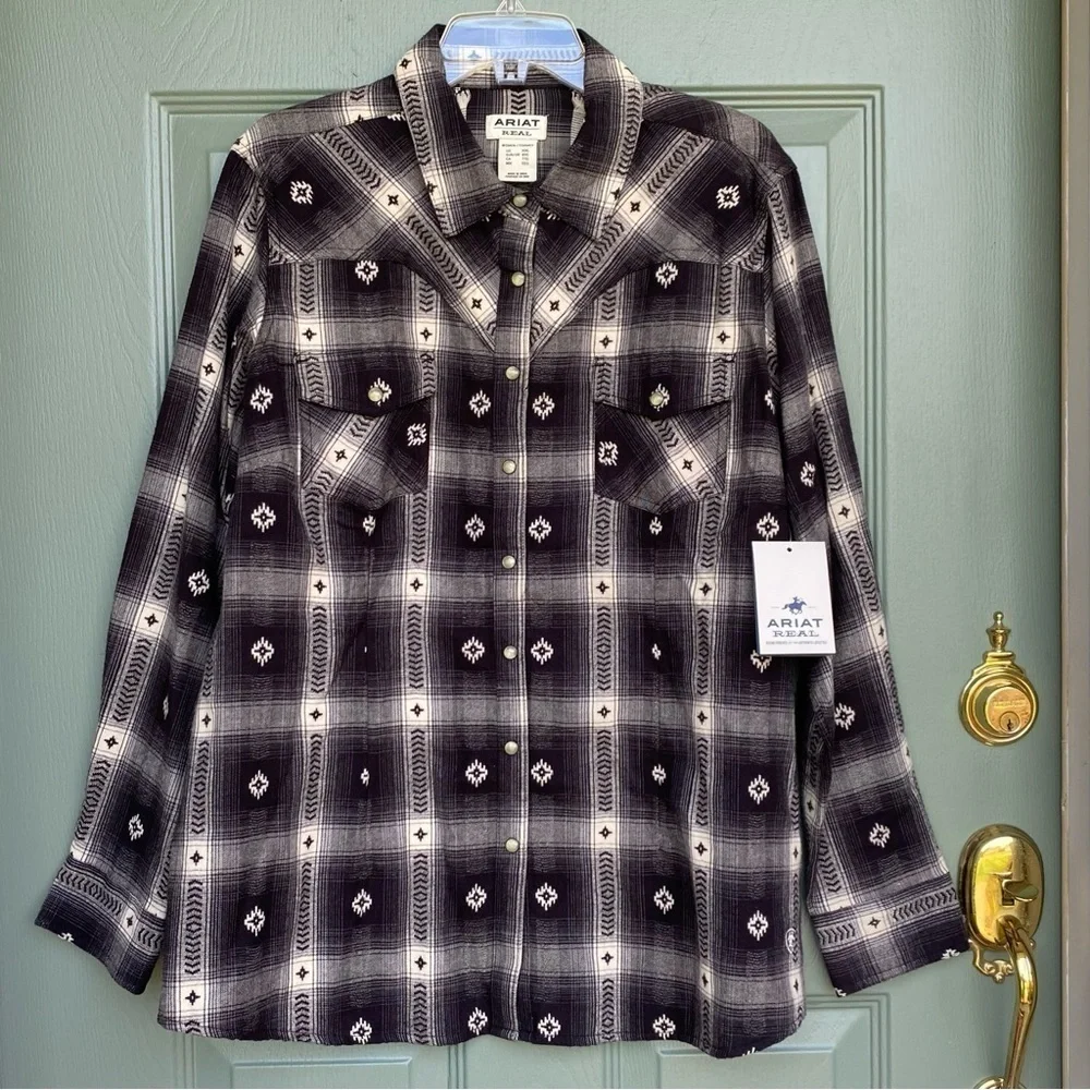 Women's ARIAT REAL Flannel Shirt Thunderstorm Plaid Aztec Dobby Size XXL Snap - Picture 1 of 6
